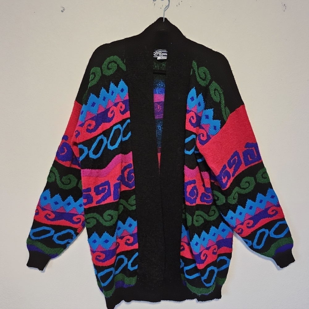 JJ Browne Vintage Colorful Patterned Acrylic Cardigan Women's Size Large